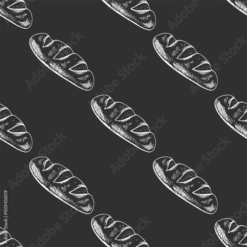 Hand drawn vintage seamless pattern of french baguette bread in engraving sketch style on chalkboard background