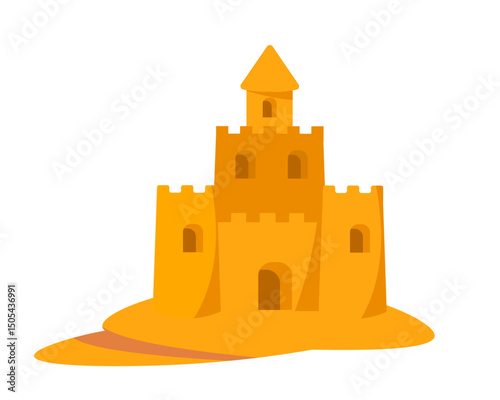 Sand castle summer vector flat cartoon illustration isolated on white background. Kids beach vacation building, holiday sea sculpture. Travel architecture house, children outdoor tropical game.