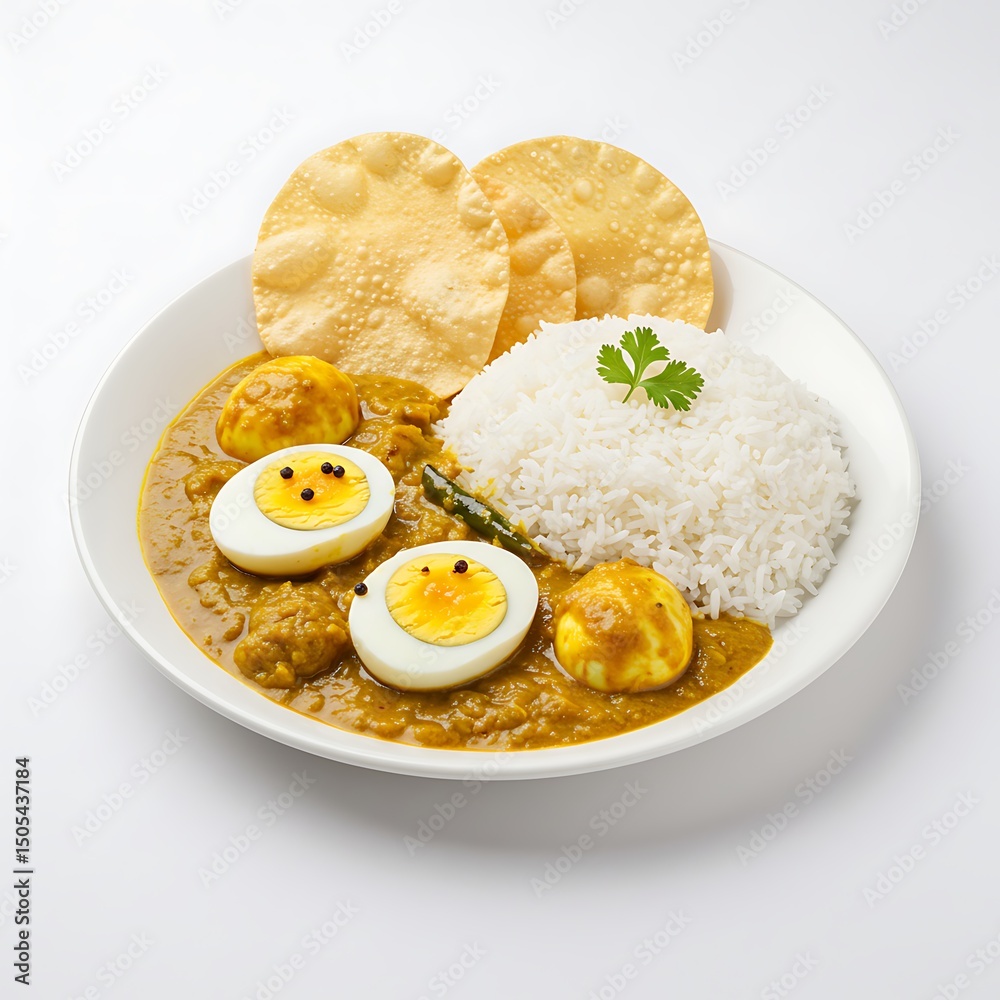 egg curry with rice and fried papadum, balanced layout , isolated on white background egg curry with rice and fried papadum, balanced layout , isolated on white background