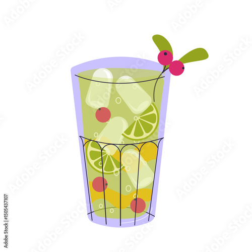 Fresh smoothie in doodle style. Delicious soft drink, lemonade, fruit juice, milkshake and mixed cocktail with ice. Refreshing summer beverage. Cartoon flat vector illustration isolated on background.