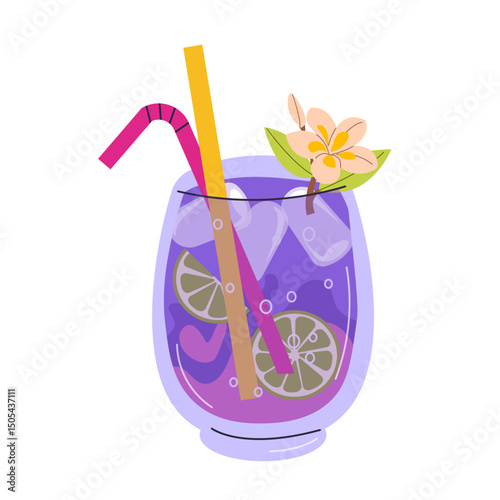 Fresh smoothie in doodle style. Delicious soft drink, lemonade, fruit juice, milkshake and mixed cocktail with ice. Refreshing summer beverage. Cartoon flat vector illustration isolated on background.