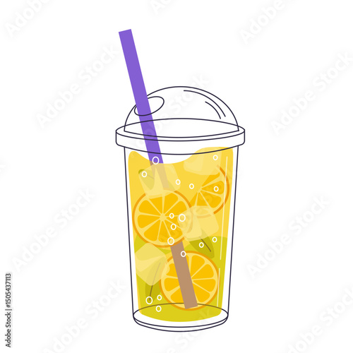 Fresh smoothie in doodle style. Delicious soft drink, lemonade, fruit juice, milkshake and mixed cocktail with ice. Refreshing summer beverage. Cartoon flat vector illustration isolated on background.