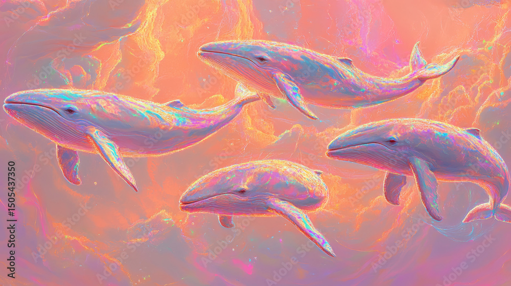 Fototapeta premium Fantasy whale swimming through colorful dreamlike skies and cosmic underwater scenes, blending marine life with surreal space elements.