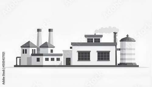 Industrial factory building with smokestacks in minimalist design  