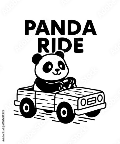 Panda Ride | Cute Panda Driving a Wooden Car | Fun Adventure | Minimalist Black & White Illustration | Playful and Cheerful Design | Adorable Animal Art | Perfect for Digital & Print