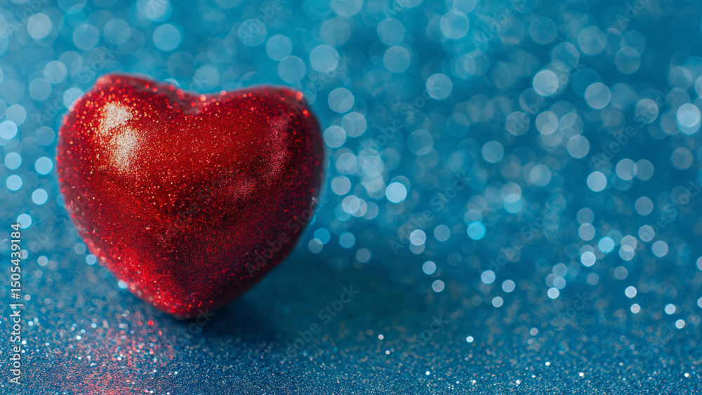 Fototapeta premium Sparkling red heart on shimmering blue glitter background. Valentine love concept. 