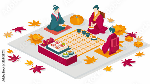 Isometric view of people in traditional clothing around a table with food and autumn leaves decor