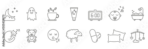 Sleep And Relaxation Line Icon Set. Nighttime Routine, Restful Sleep, And Relaxation Outline Symbols Collection. Editable Stroke. Isolated Vector Illustration