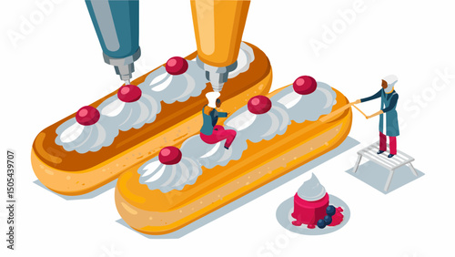 Isometric illustration of people decorating eclairs with cream and cherries in a bakery setting