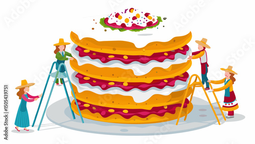 Illustration of four people on ladders decorating a large layered cake with toppings and white frosting