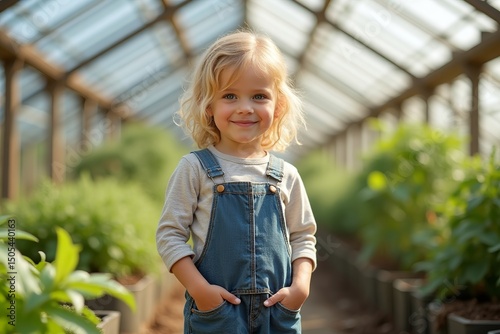  blonde girl in overalls standing in a greenhouse
