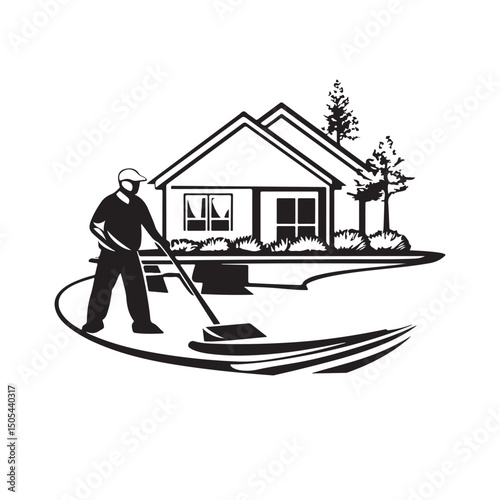 Vector illustration of a person cleaning the yard of a house. Depicts outdoor household chores such as sweeping leaves, picking up trash, and maintaining the garden isolated on white background.