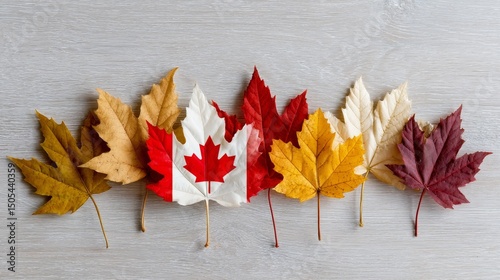 Variety of colorful autumn maple leaves showcasing canadian flag design on wooden background