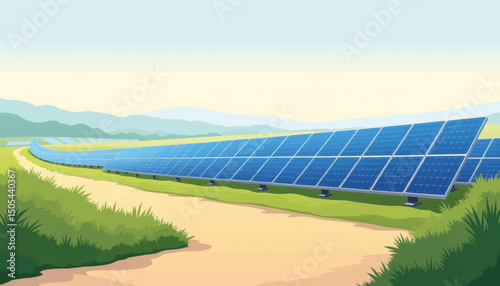 Solar panels glowing under clear sky in serene landscape, renewable energy