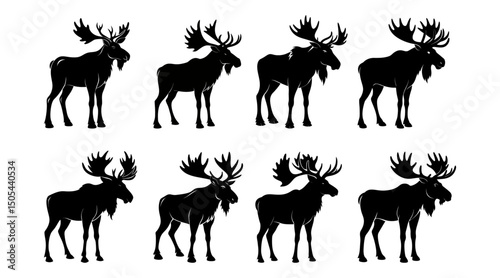 Majestic Moose Silhouette in Array: A stunning array of silhouettes showcasing the regal form of a moose, emphasizing its powerful build and magnificent antlers, suitable for diverse design needs.