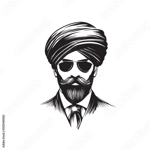 Vector illustration of a man wearing a turban and sunglasses. A modern and stylish character blending traditional headwear with contemporary accessories  isolated on white background.