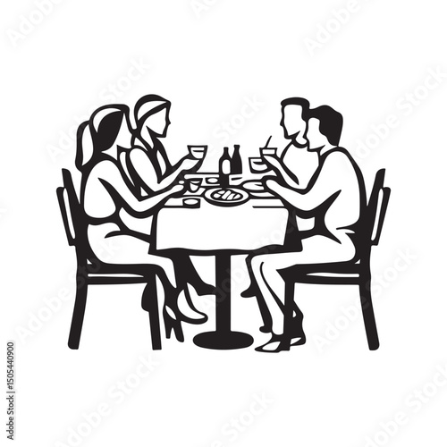 Vector illustration of cartoon characters eating together at the dining table. A cheerful and warm scene showing people enjoying a meal, perfect for themes of family, friendship, and togetherness