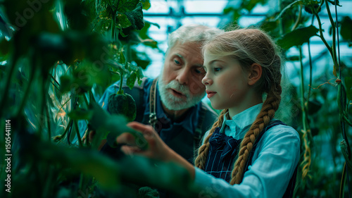 Grandfather and Granddaughter Learning About Plants in a Lush Greenhouse Environment