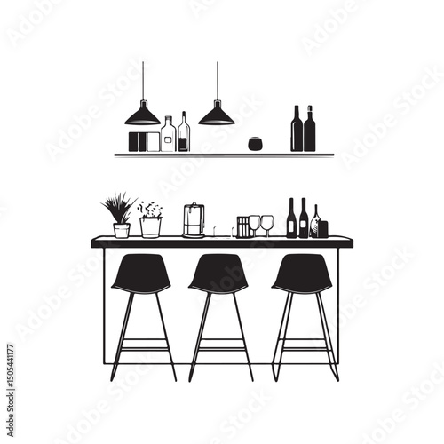 Vector illustration of a mini bar setup. Includes bottles, glasses, and bar furniture elements in a modern and stylish design
