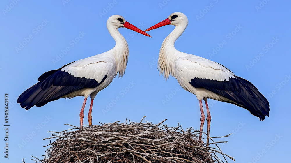 Fototapeta premium Two Storks in Nest against Clear Blue Sky on Spring Day