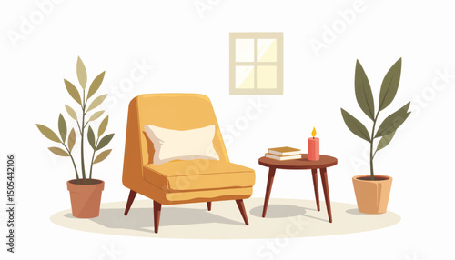 Cozy digital detox corner with geometric chair, serene ambiance