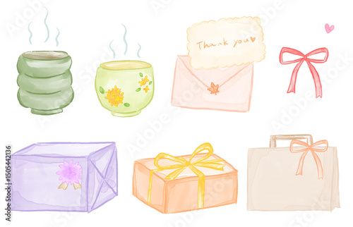 A watercolor illustration set depicting gifts and gratitude for Respect for the Aged Day / 敬老の日の贈り物と感謝の気持ちを描いた水彩イラストセット