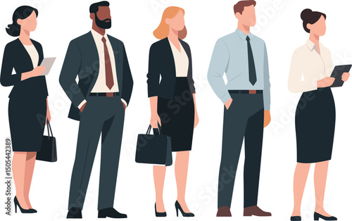 Group of diverse professional business people standing confidently in formal office attire, teamwork concept, modern corporate environment illustration