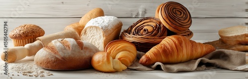Assorted bakery goods on wooden background