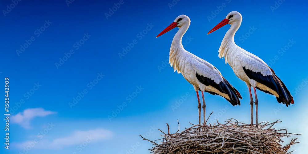 Fototapeta premium Two Storks in Nest against Clear Blue Sky on Spring Day