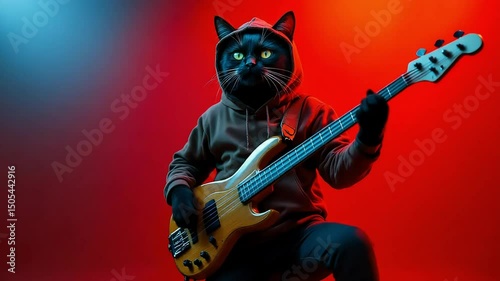 Black cat in hoodie plays bass guitar on neon red and blue background