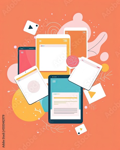 Conceptual illustration of digital devices showcasing interconnectedness in a vibrant online landscape over peach