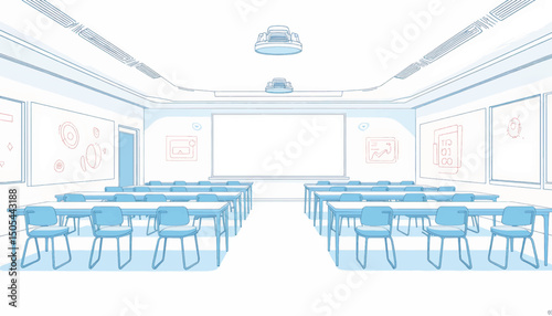 Futuristic classroom with interactive displays and geometric designs, learning