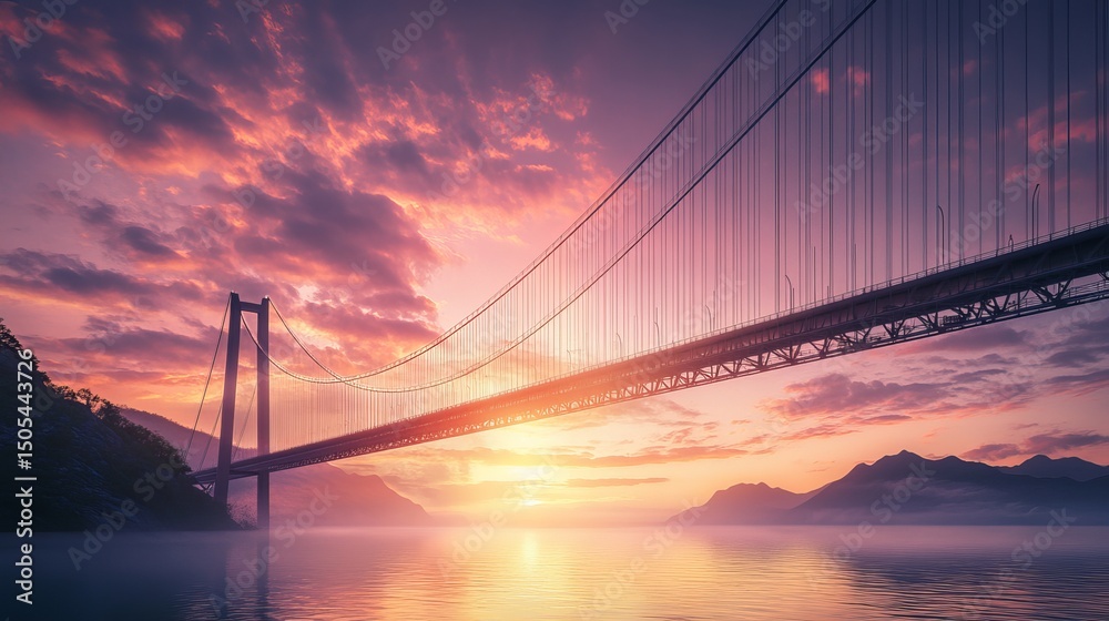 Obraz premium A bridge spanning over water with mountains and a pink and purple sunset sky in the background