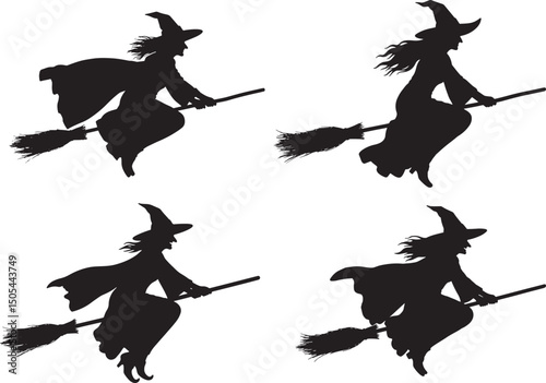 Flying Witch on Broomstick Silhouette Vector Illustration