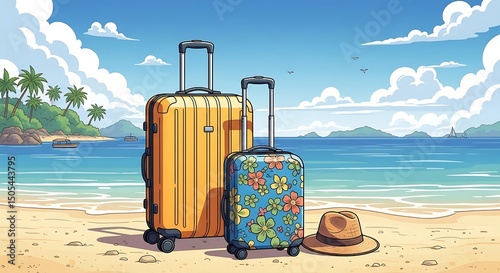 Illustration of colorful suitcases and hat on tropical beach under blue sky in vector style
