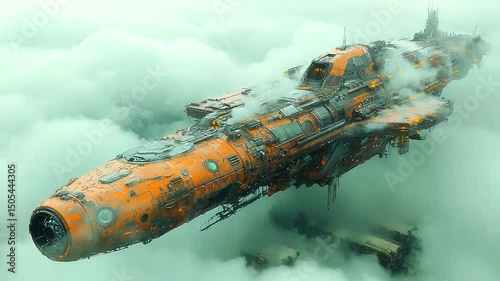 Huge orange spaceship in foggy skies photo