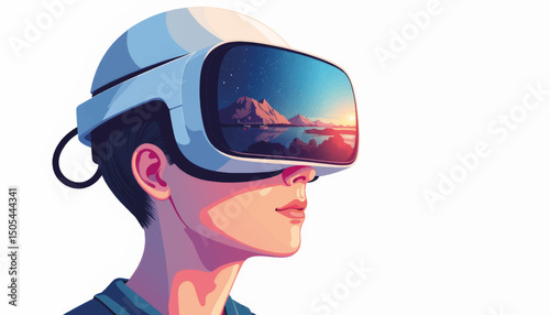 Person experiencing virtual reality with reflective headset, digital exploration