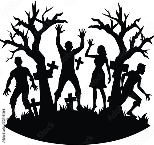 group of zombies rising from graveyard silhouette