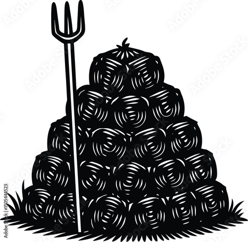hay bale stack with pitchfork