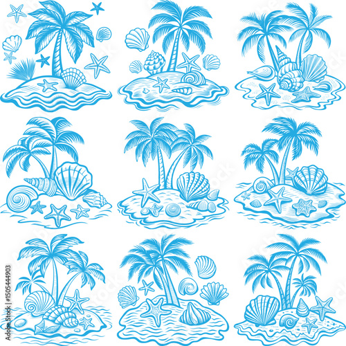 Tropical island illustrations with palm trees and seashells