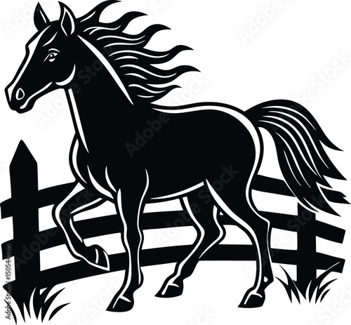 horse running in front of wooden fence