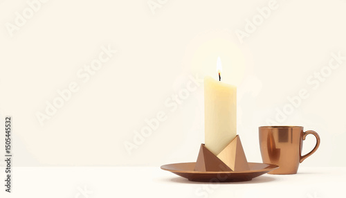 Geometric candle holder glowing softly on a plain background, minimalism