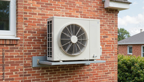 Air conditioning unit installed on exterior brick wall of home   photo