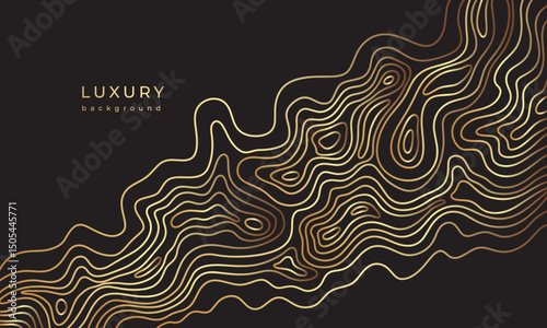 Line topography map. Wavy golden design. Luxury banner with wave pattern. Flowing liquid texture. Gold curves. Abstract geometric dynamical rippled surface. Black background with gold line