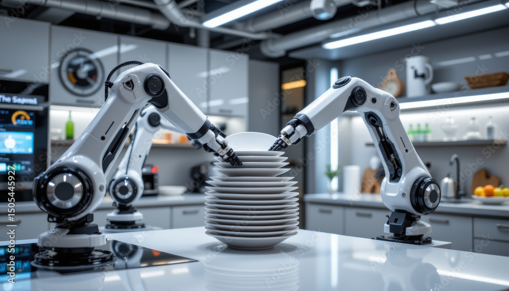 Fototapeta premium AI powered smart kitchen with robotic arms stacking plates, showcasing modern technology and efficiency