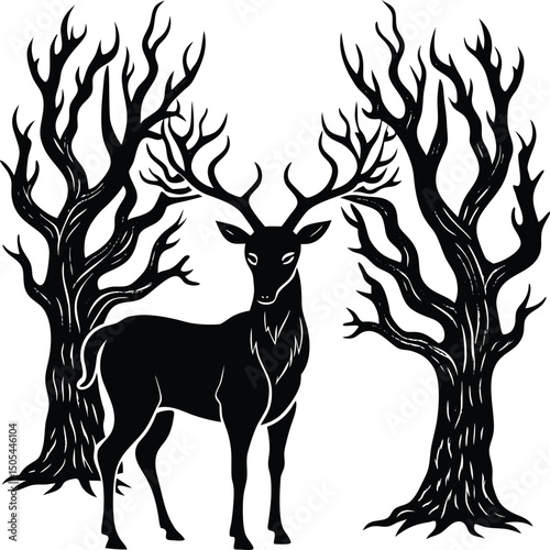 large deer standing beside twisted old trees