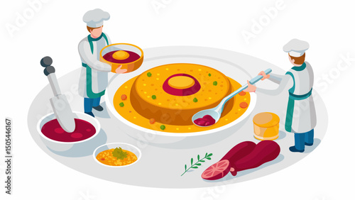 Chefs preparing a festive holiday pudding a culinary masterpiece filled with holiday cheer isometric