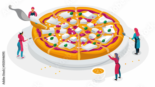 Four chefs craft a vibrant gourmet pizza arranging fresh mozzarella basil and beetroot with clean