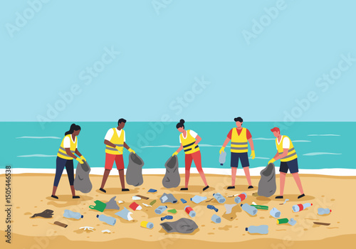 Volunteers Cleaning Up Trash on Beach Environmental Conservation