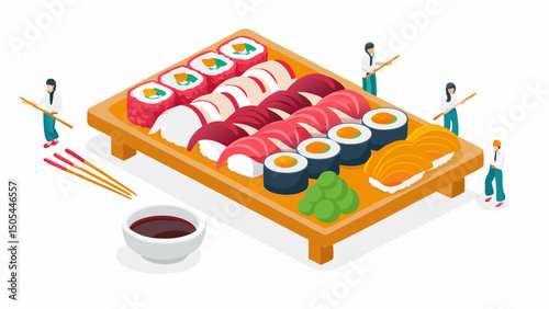 A delightful sushi platter ready to be served by chefs in a vibrant isometric kitchen illustration
